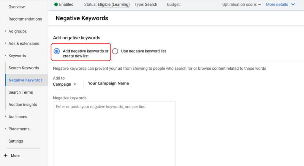 How to add negative keywords in Google Ads Tutorial 2